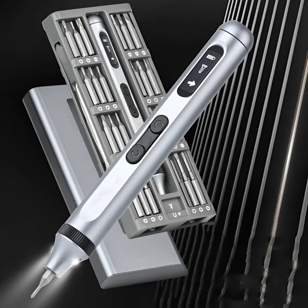 Aluminium alloy precision electric screwdriver with display showing its 134.5mm length and compact design.
