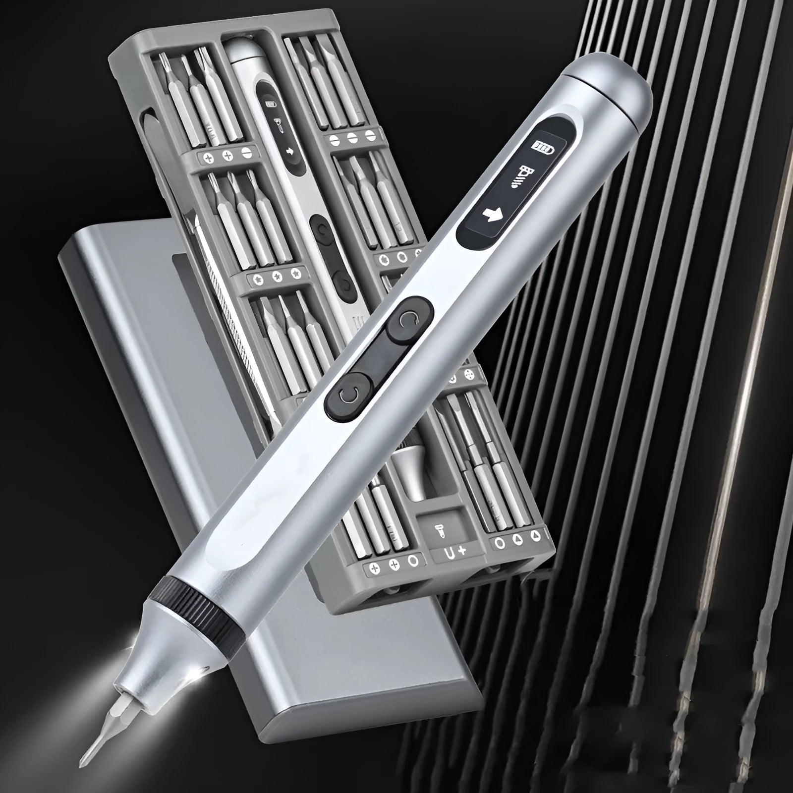 Aluminium alloy precision electric screwdriver with display showing its 134.5mm length and compact design.