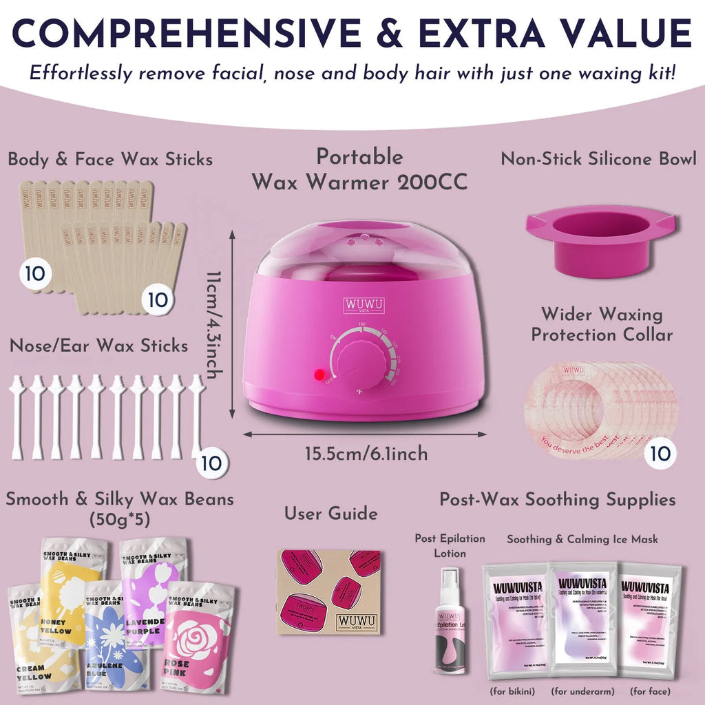 Professional waxing kit with hard wax beans, pink wax warmer, applicator sticks, lotion and ice masks.