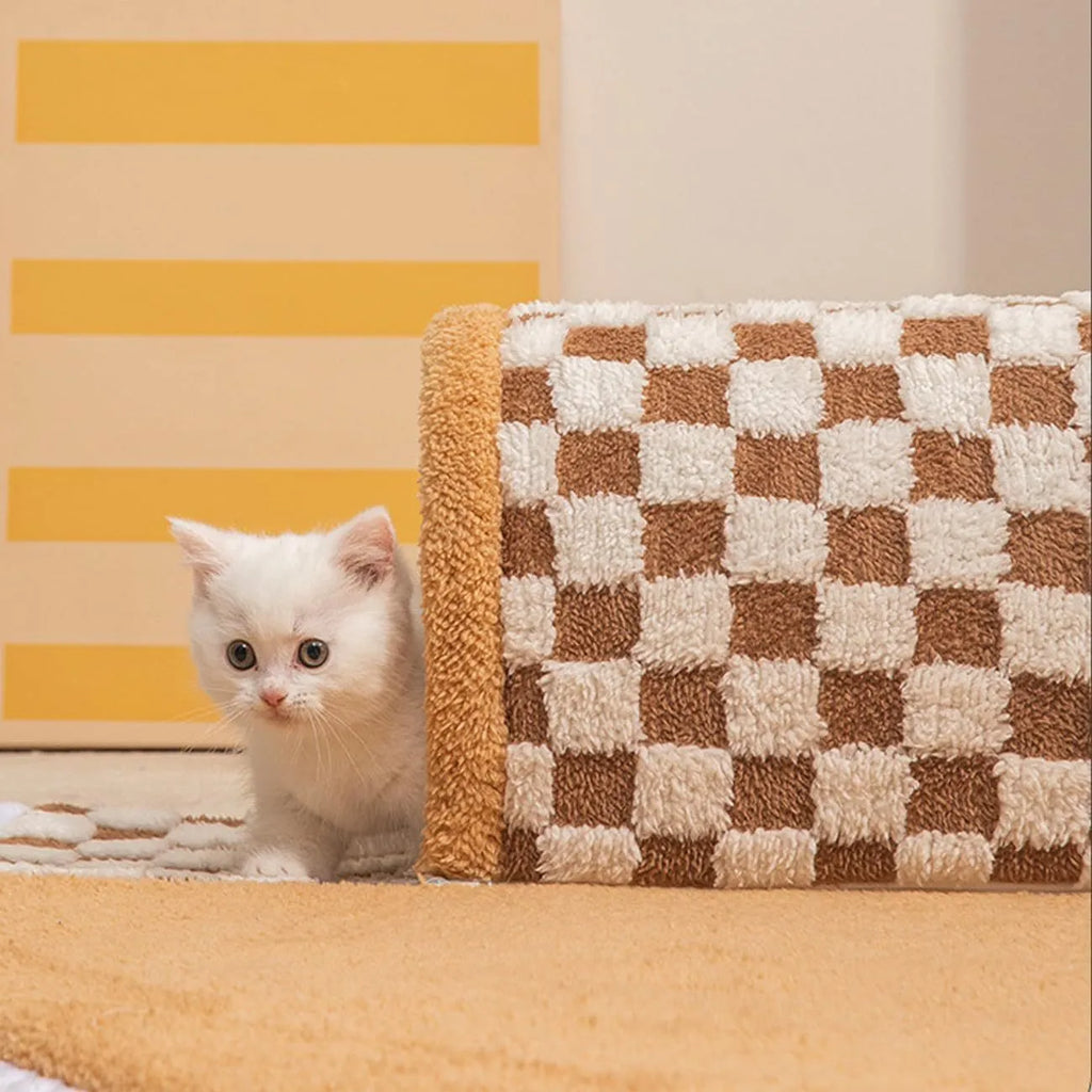 Fan-shaped plaid pet bed tunnel for dogs and cats showing sleeping mat and fabric tunnel