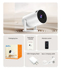 White mini wireless portable HD projector for home use with same-screen feature.