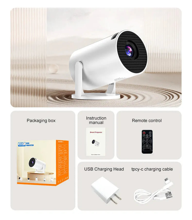 White mini wireless portable HD projector for home use with same-screen feature.
