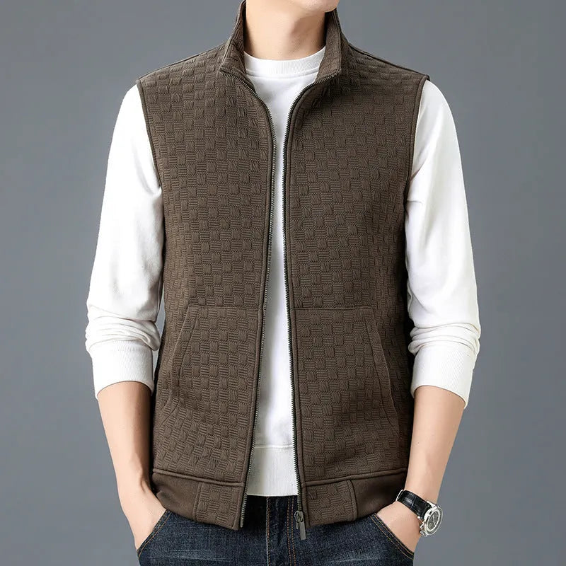 A man's casual sleeveless vest waistcoat in a polyester blend fabric, shown in grey.