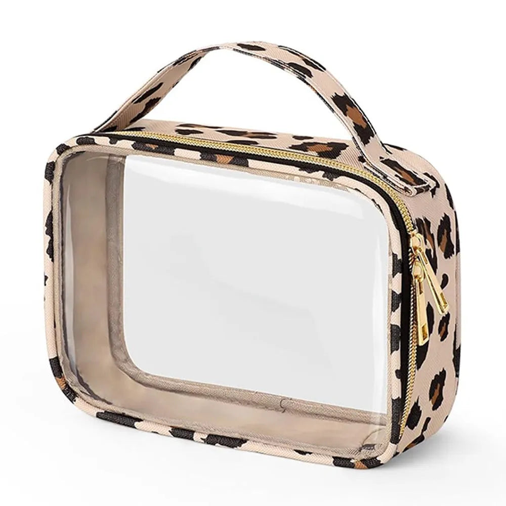 Transparent PVC cosmetic organiser bag with chain in multiple colours including leopard print for lipstick and brush storage.