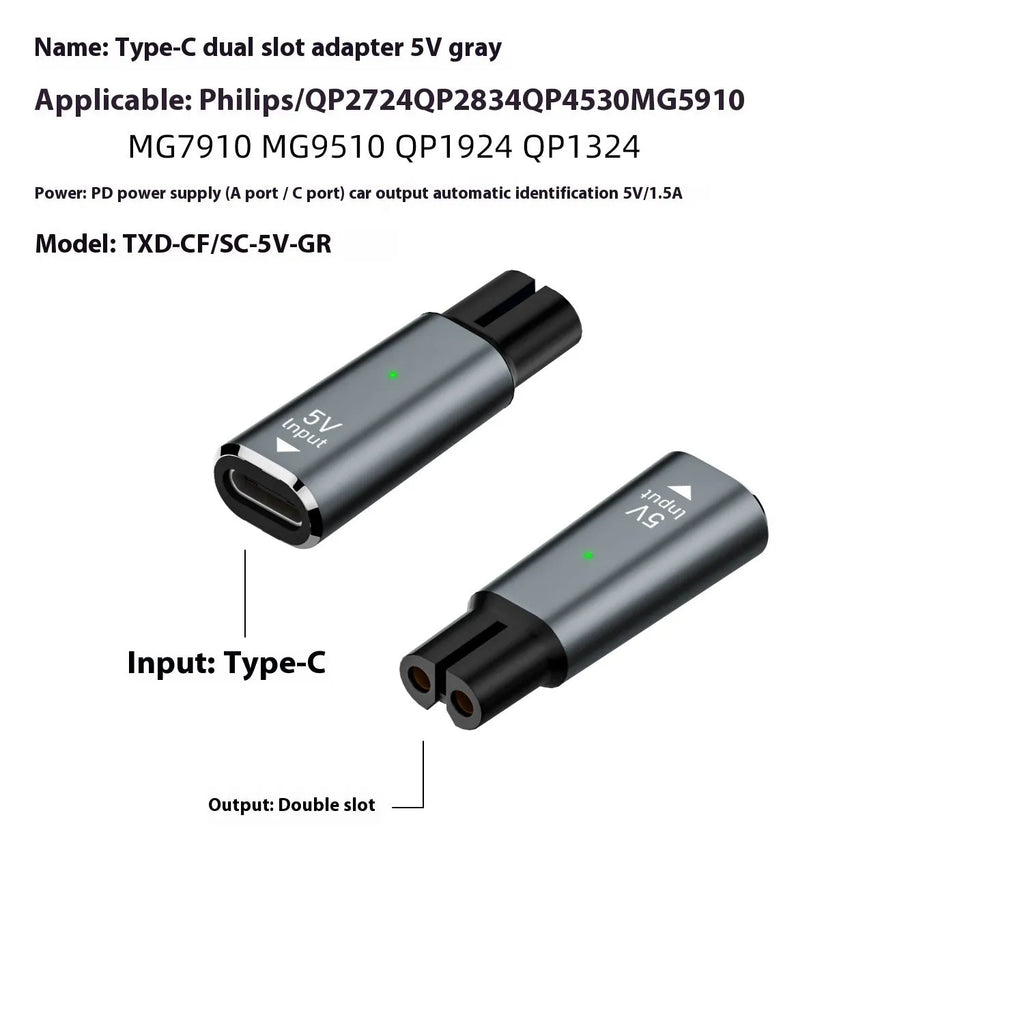 USB-C electric shaver charging adapter with aluminium alloy housing in black or grey colour