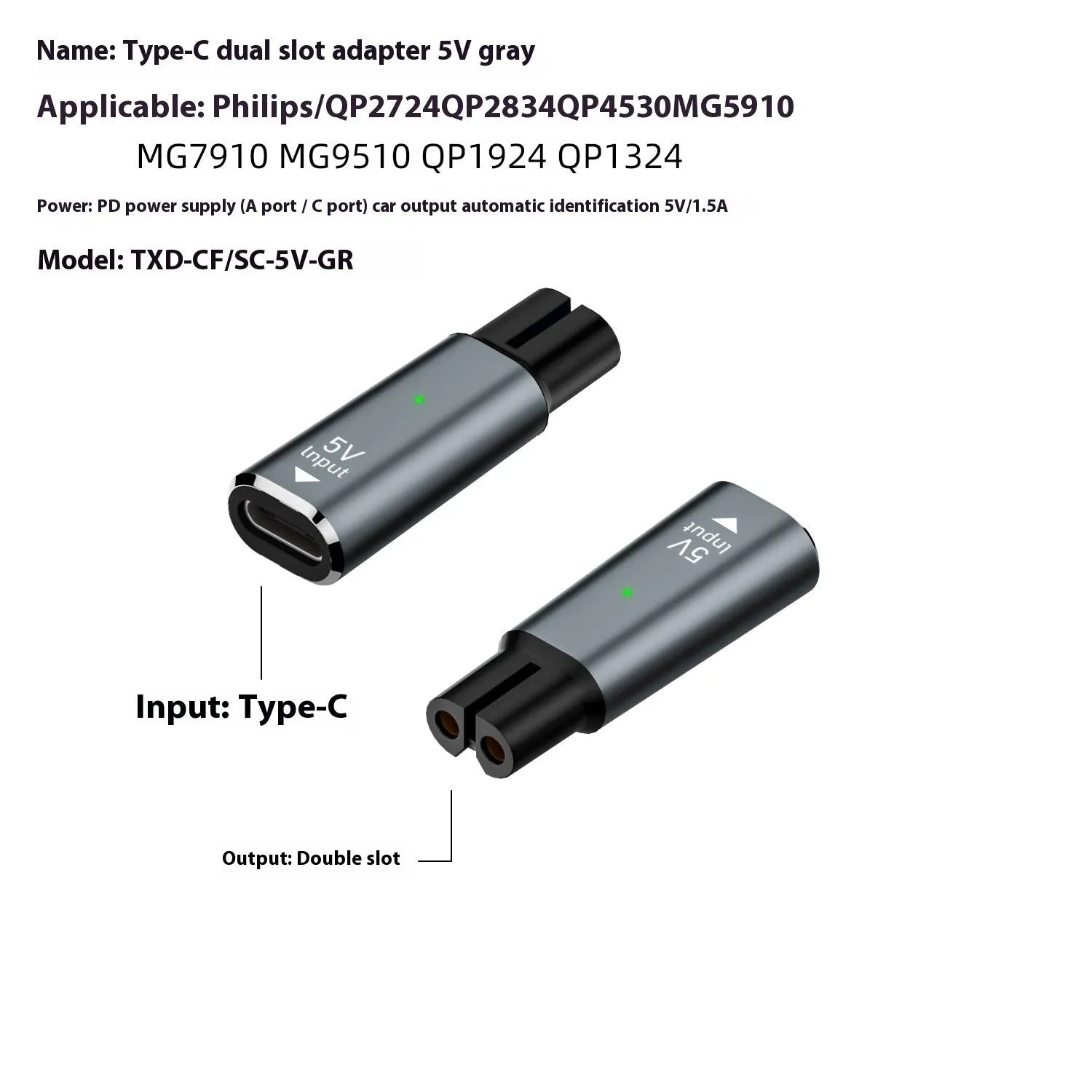 USB-C electric shaver charging adapter with aluminium alloy housing in black or grey colour