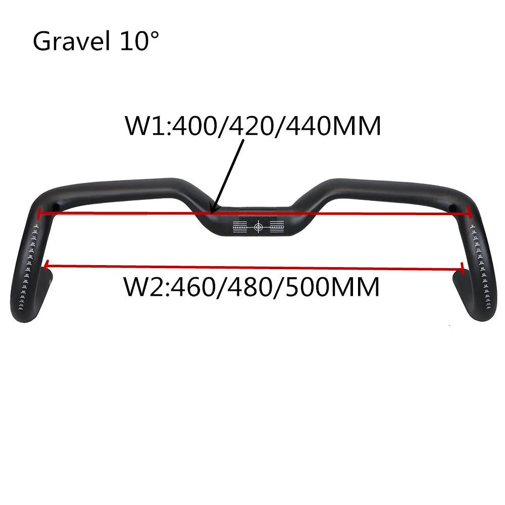 Black carbon fibre road bicycle handlebars showing large swing angle design