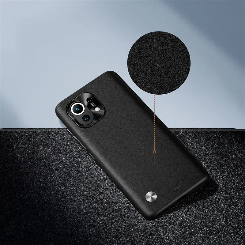 Alloy plain leather phone case for Xiaomi 11 in black and smoky purple colour options