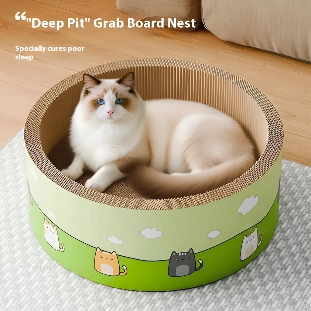 Large round deep-pit cat scratching board made from brown corrugated paper.