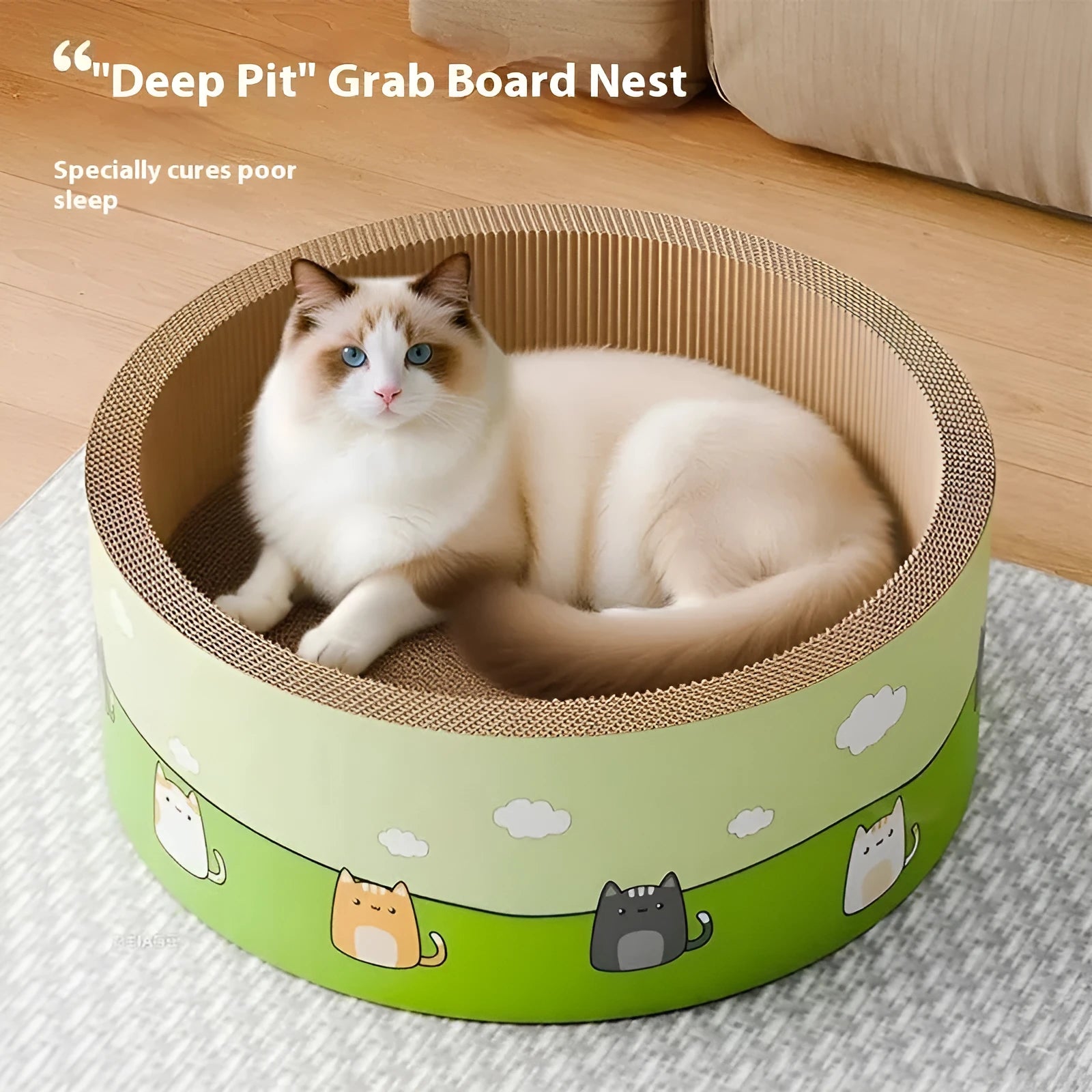 Large round deep-pit cat scratching board made from brown corrugated paper.