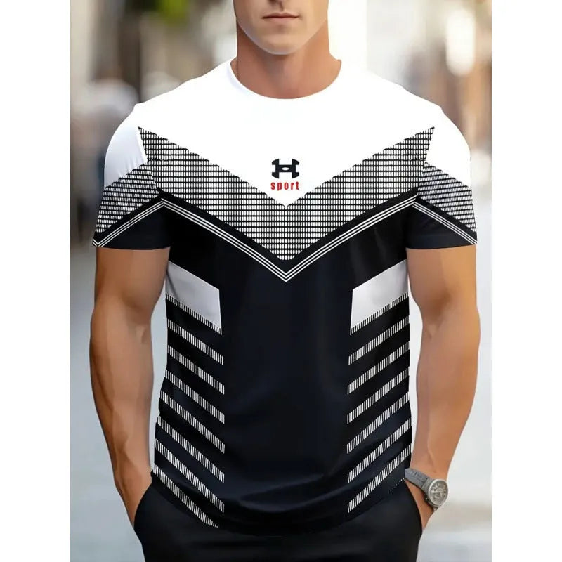 Men's loose fit short-sleeved T-shirt with digital 3D printed stripes pattern