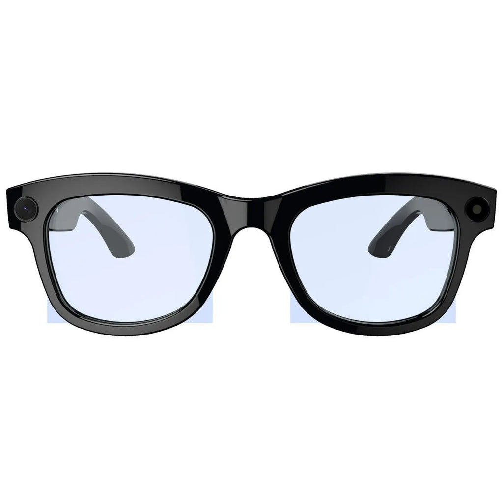 AI translation video glasses with black lens option on a table, showing camera and frame.
