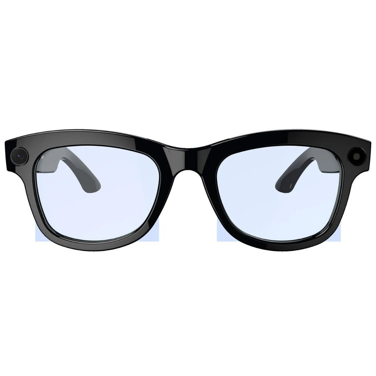 AI translation video glasses with black lens option on a table, showing camera and frame.