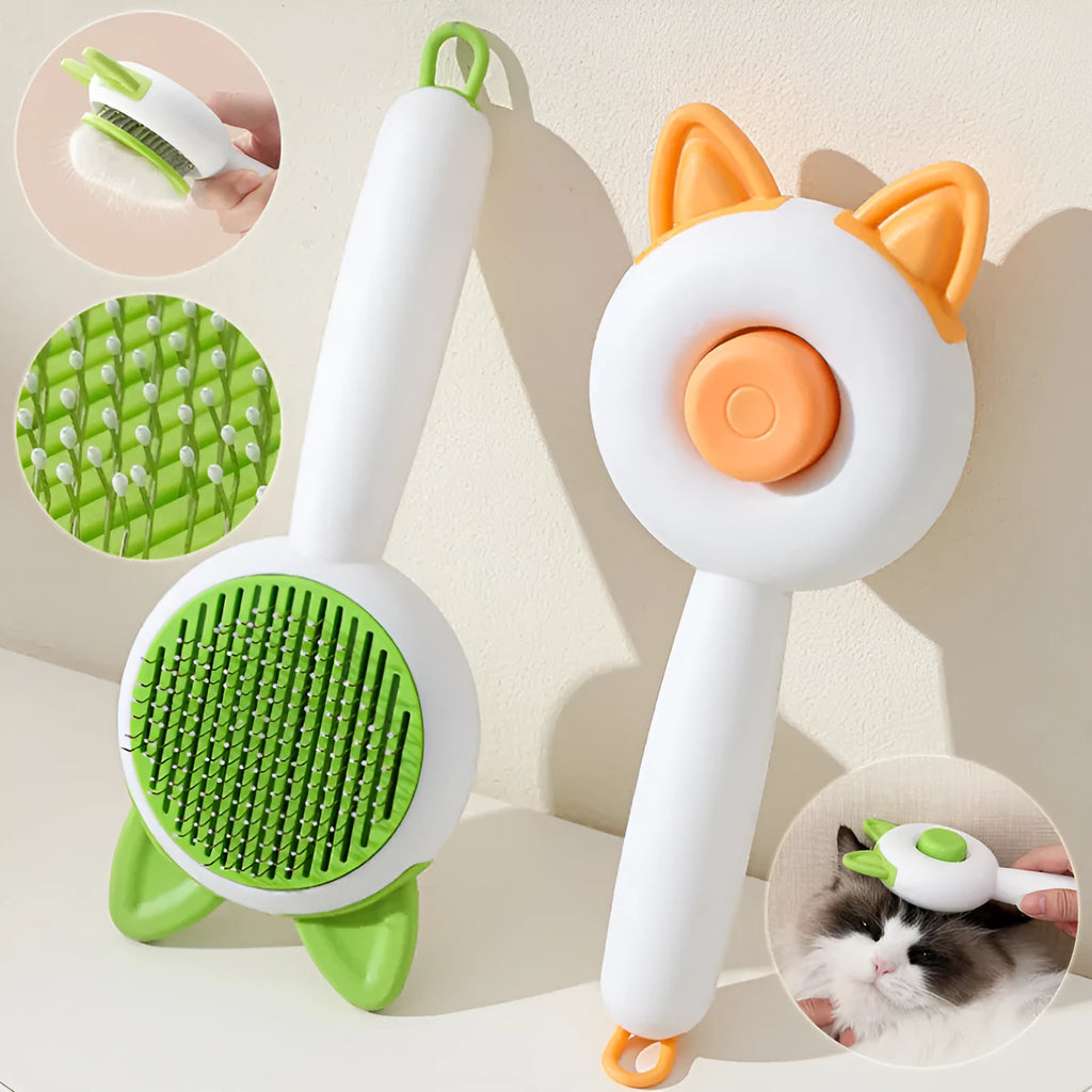 Self-cleaning pet grooming brush with stainless steel bristles and TPR massage tips in greenish white colour