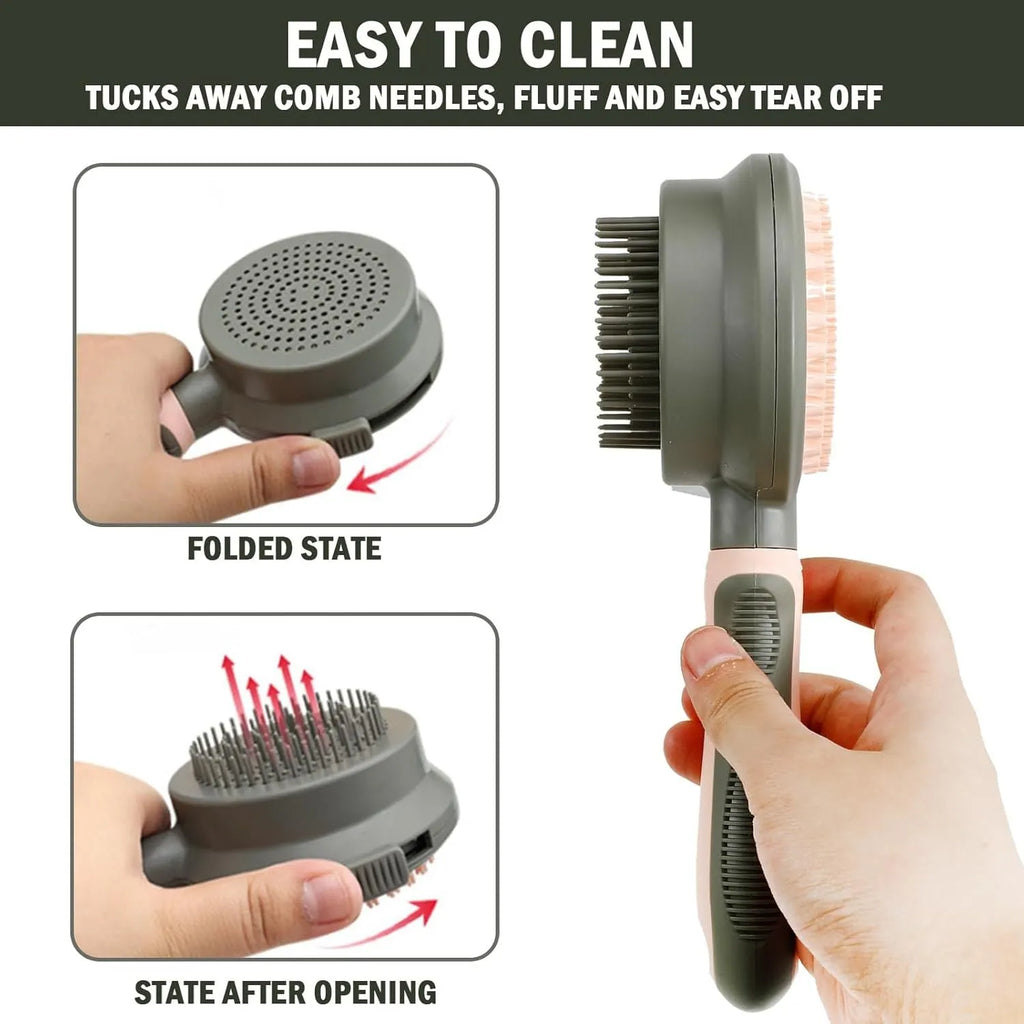 Double-sided cat brush with release button and included flea comb for pet grooming