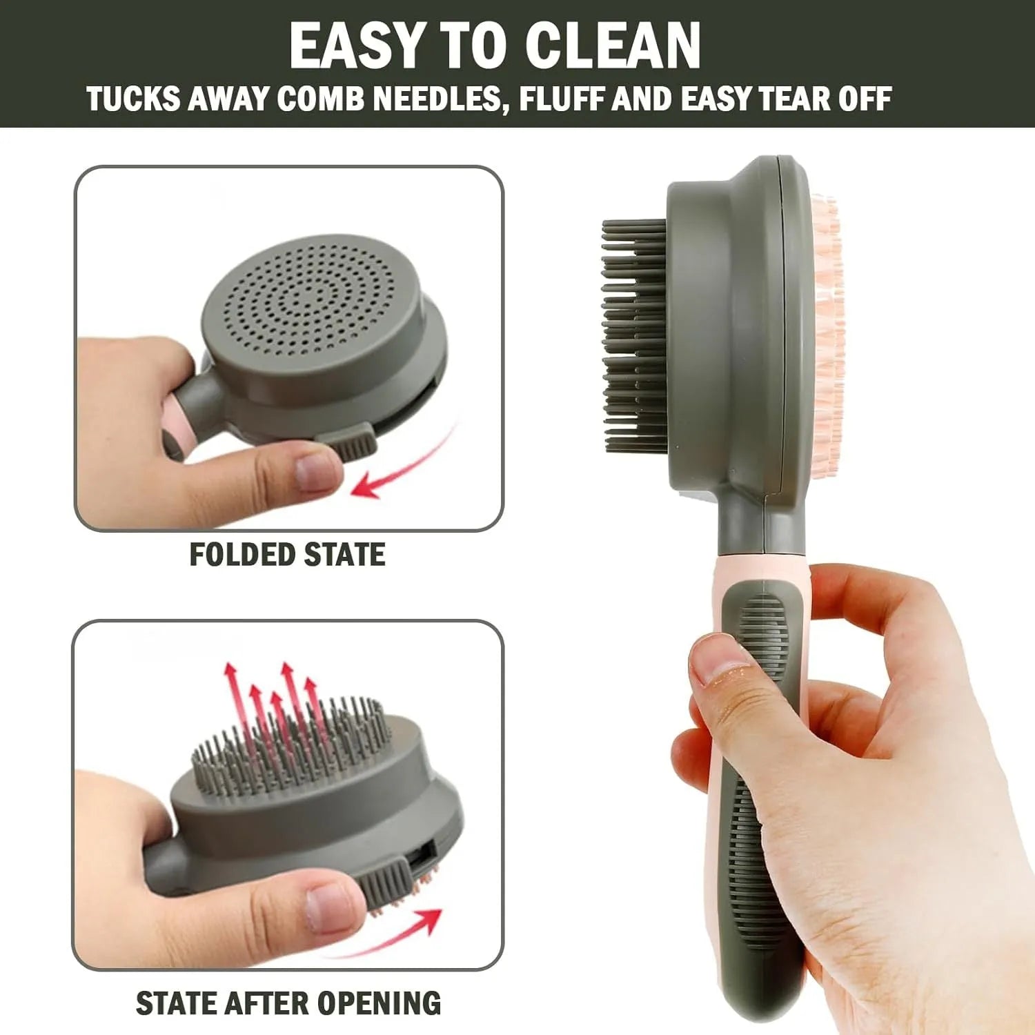 Double-sided cat brush with release button and included flea comb for pet grooming