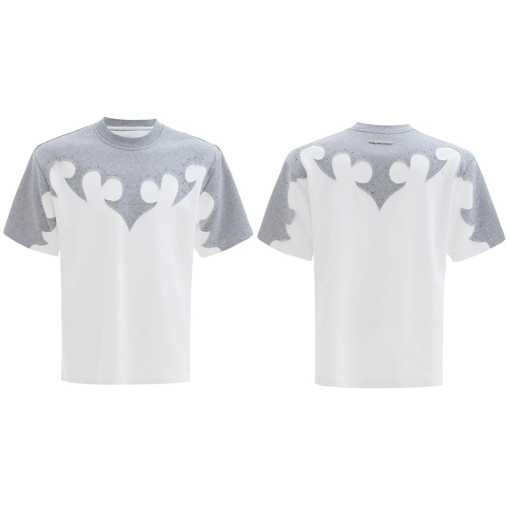 Men's grey cotton t-shirt with burnt flower stitching and rhinestone decoration on short sleeves