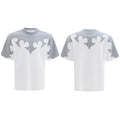 Men's grey cotton t-shirt with burnt flower stitching and rhinestone decoration on short sleeves