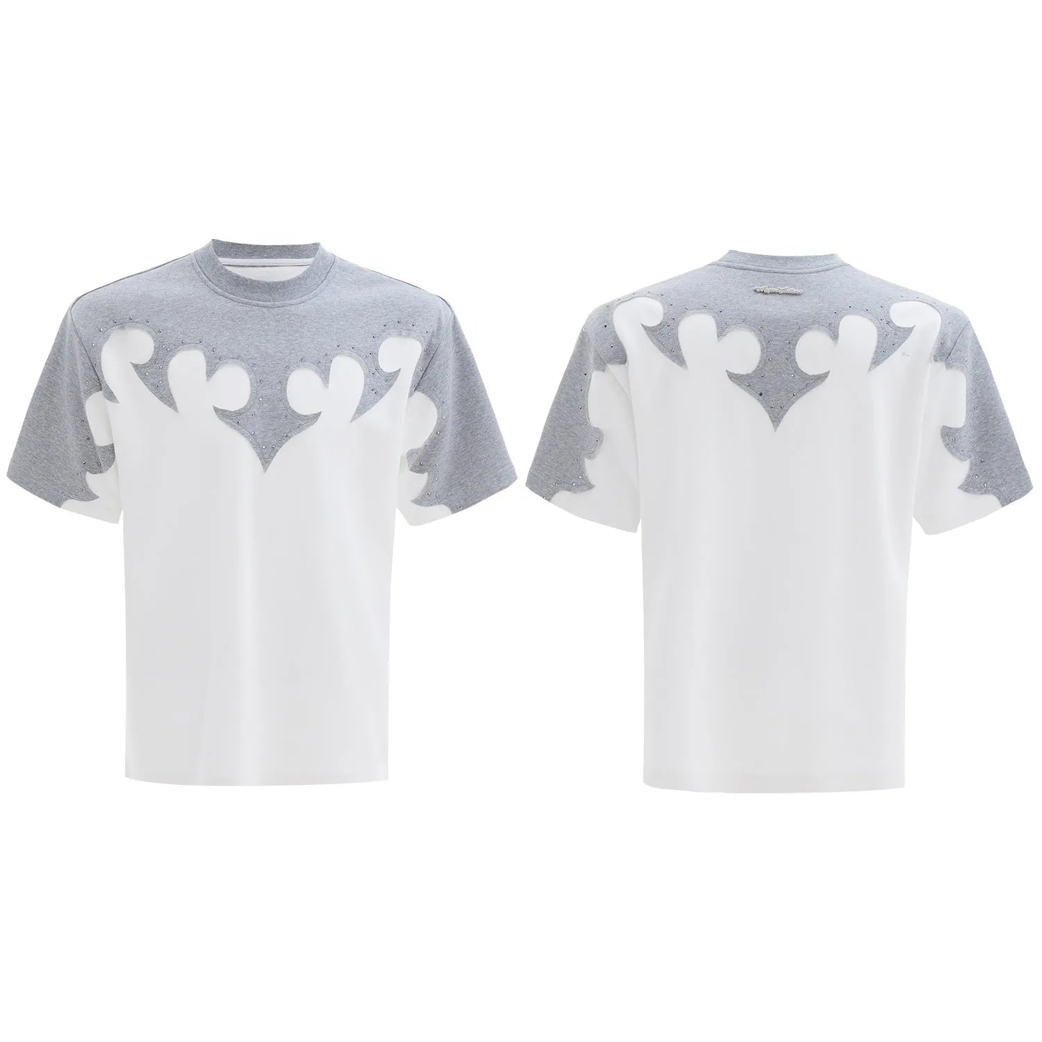 Men's grey cotton t-shirt with burnt flower stitching and rhinestone decoration on short sleeves