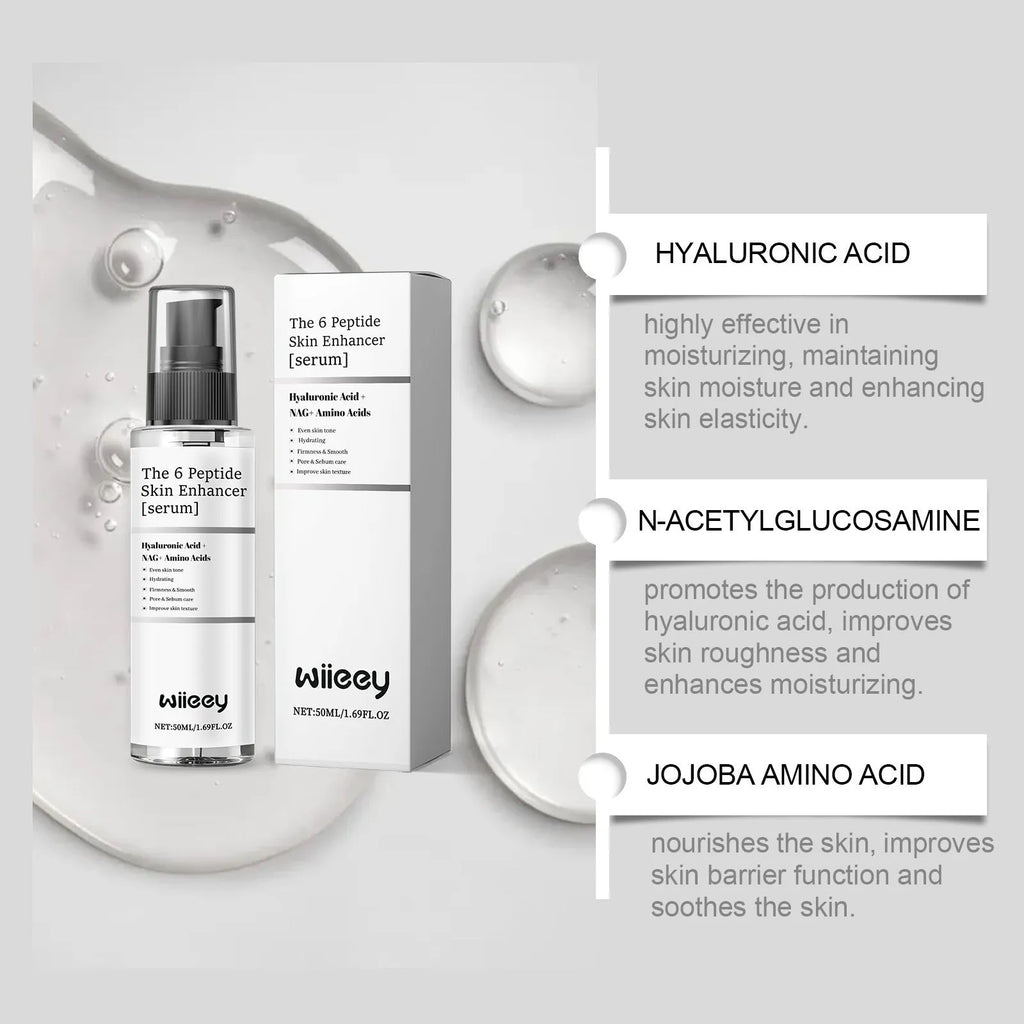 50ml bottle of Skin Enhancer Serum with Hyaluronic Acid and peptide formula.