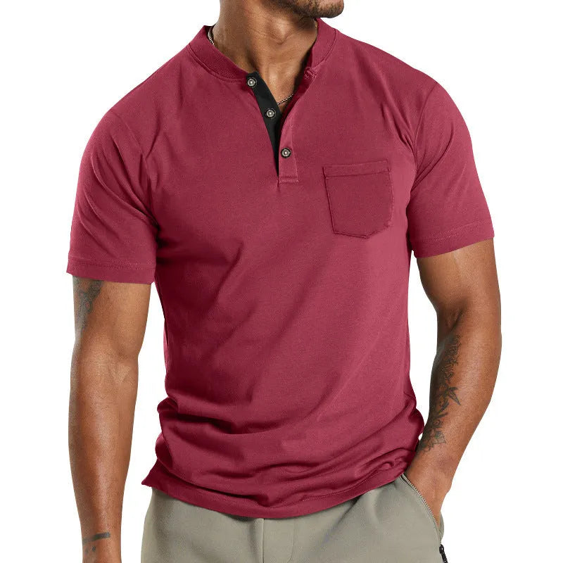 Plus size man wearing a solid colour short sleeve pullover shirt with a button chest pocket.