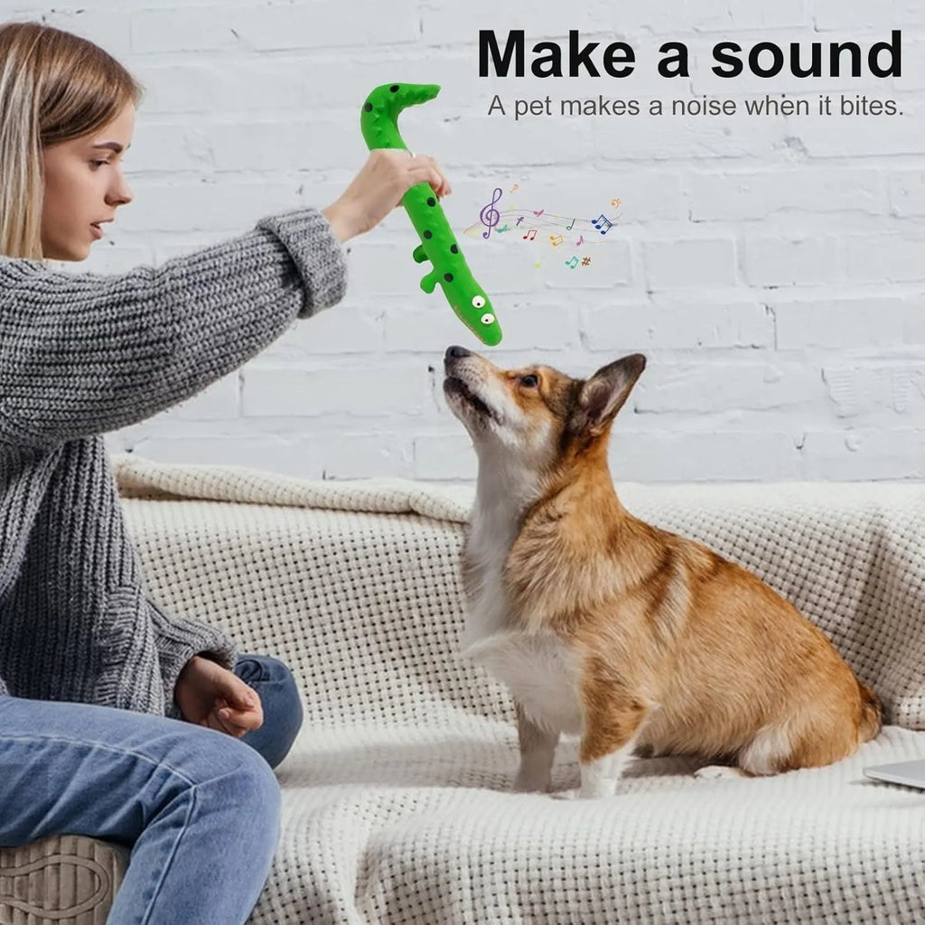 Green cartoon lizard-shaped latex dog chew toy with squeaker for aggressive chewers.