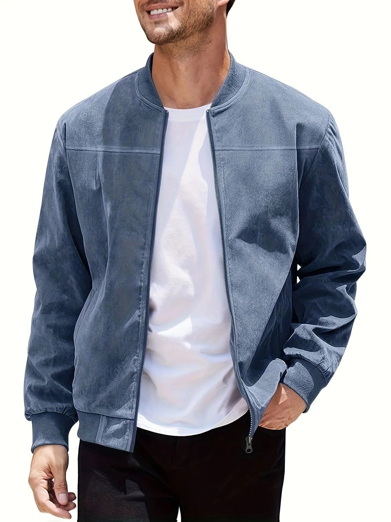 Men's plus size suede casual zip-up jacket in army green on a hanger.
