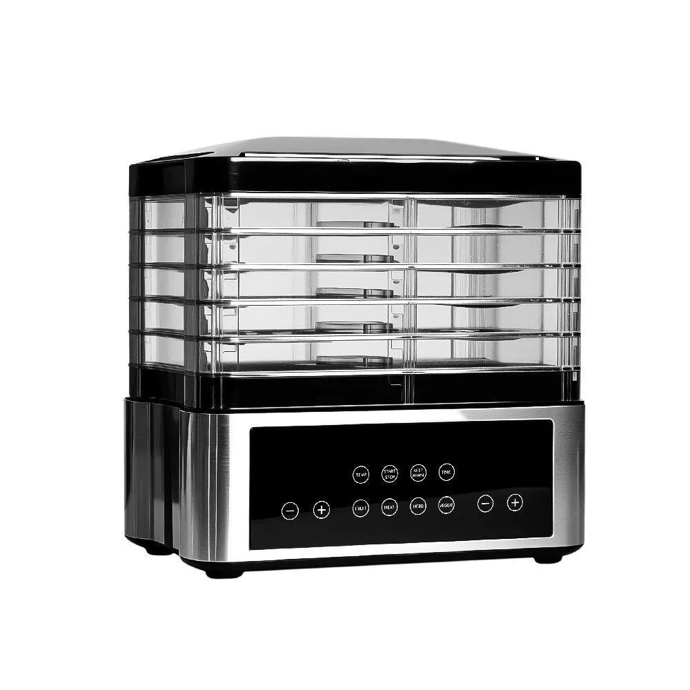 Silver stainless steel food dehydrator appliance with digital control panel on a kitchen counter.
