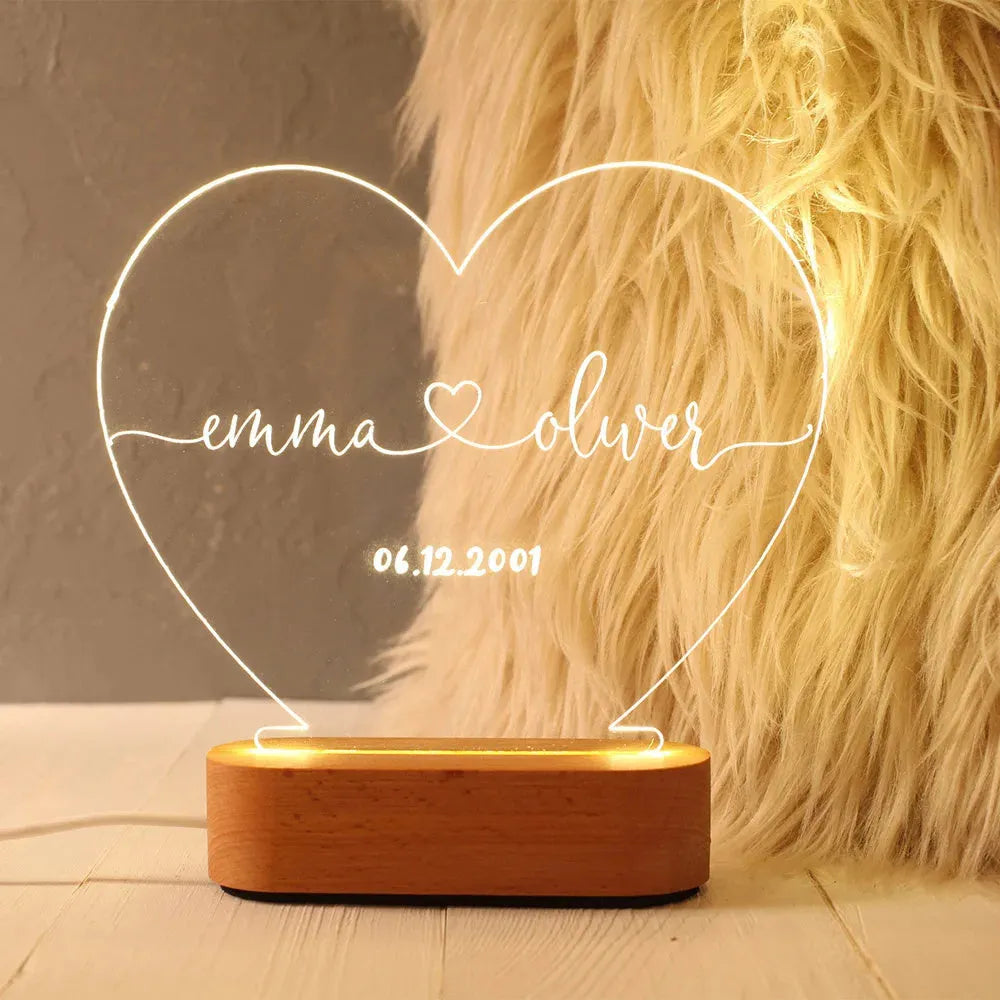 Custom transparent acrylic night light with names and dates, 20cm by 11.5cm modern art bedside lamp