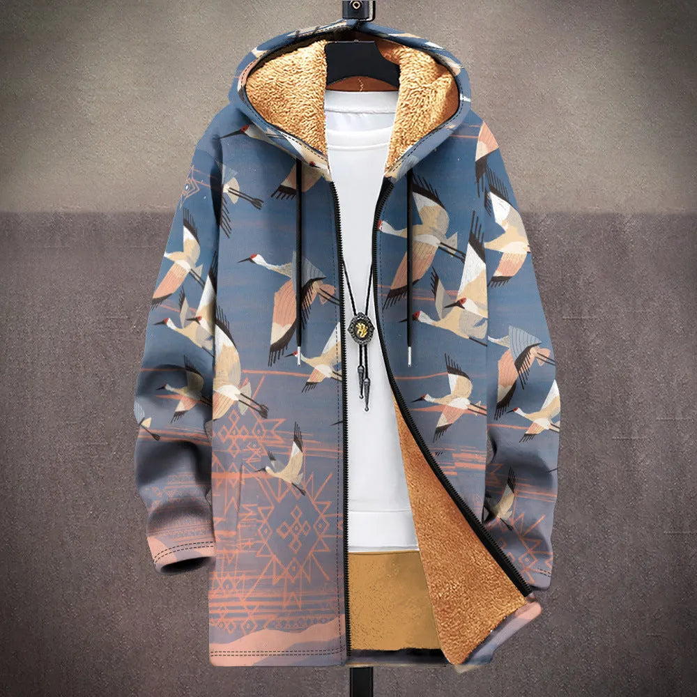Man wearing a multicolour digitally printed hooded cardigan with a full-length front zip