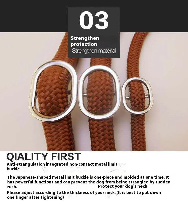 Brown nylon P chain dog leash with hand holding rope section measuring 2.1 metres