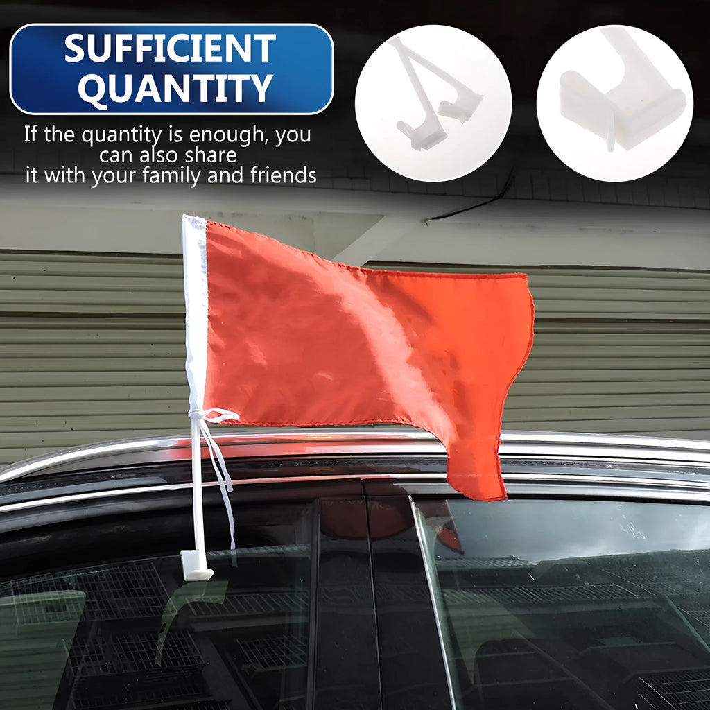 Ten white plastic car window flag pole holder clips laid out.