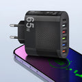 White mobile charging plug showing USB port and international adapter interfaces