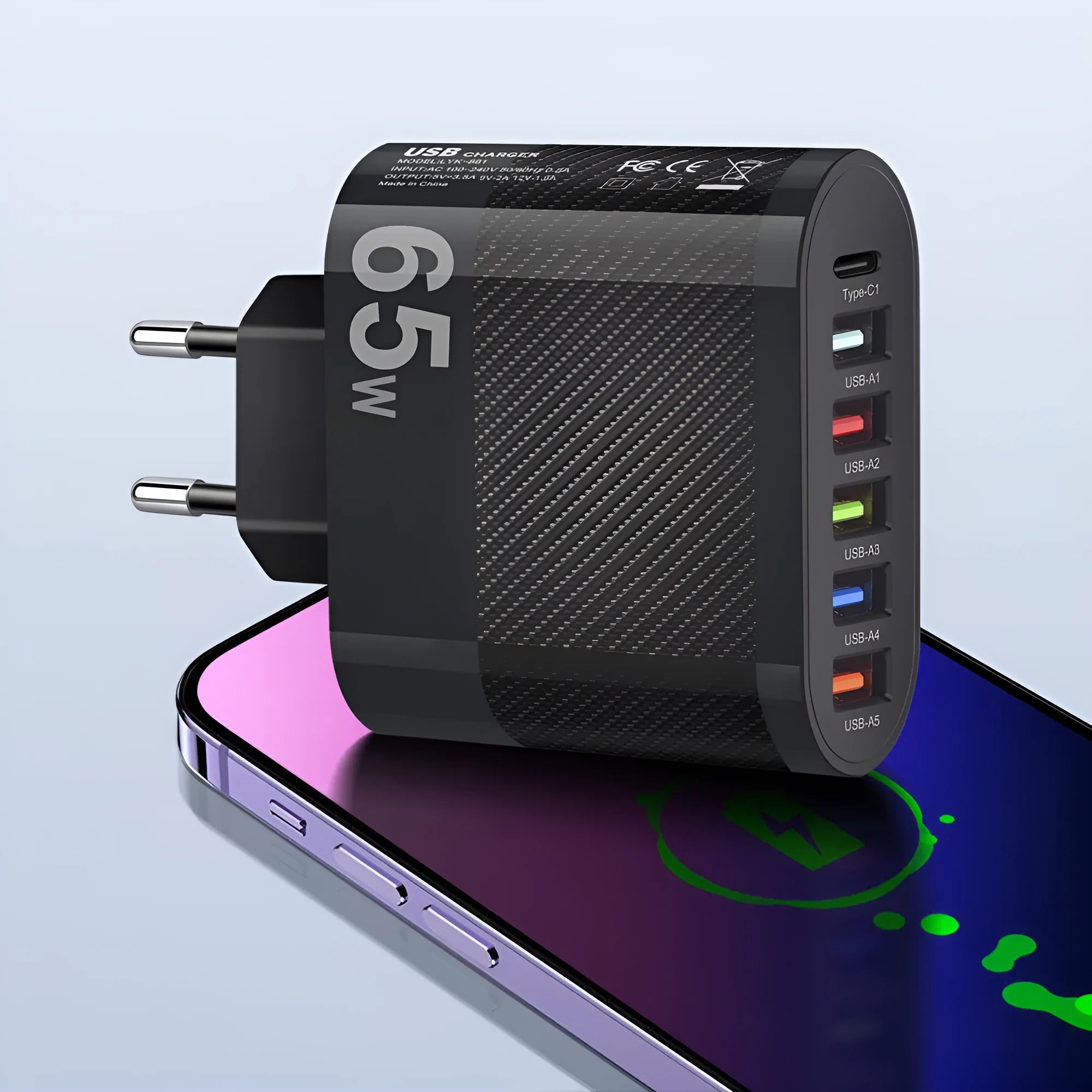 White mobile charging plug showing USB port and international adapter interfaces