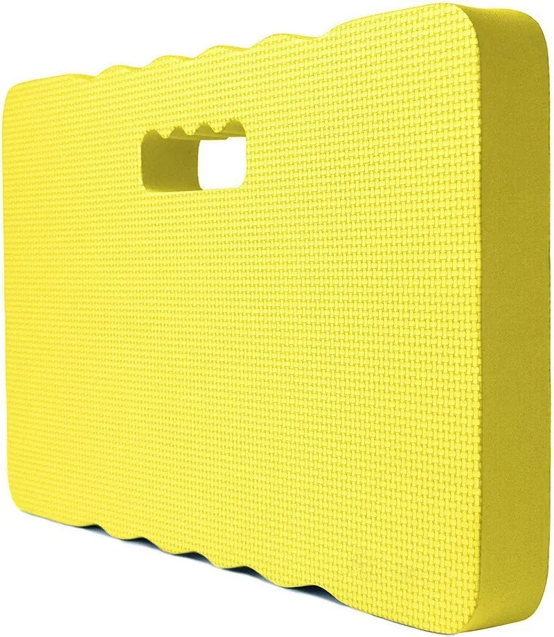 A blue Eva foam garden kneeler pad on grass, measuring 45 cm long by 28 cm wide.