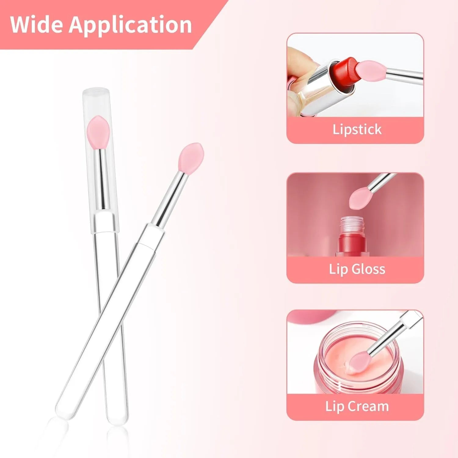 Set of reusable silicone lip brushes with caps in blue, pink, purple, red, rose red, skin colour, white, and yellow.