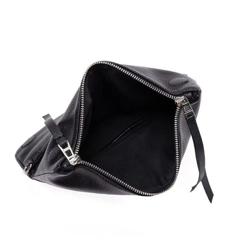 Women's black chain folding clutch shoulder messenger bag with shell shape design and sandwich zipper compartment