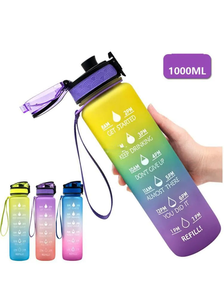 Transparent BPA-free Tritan sports water bottle 1000ml with infuser, clear design, kawaii style, 29.5cm height