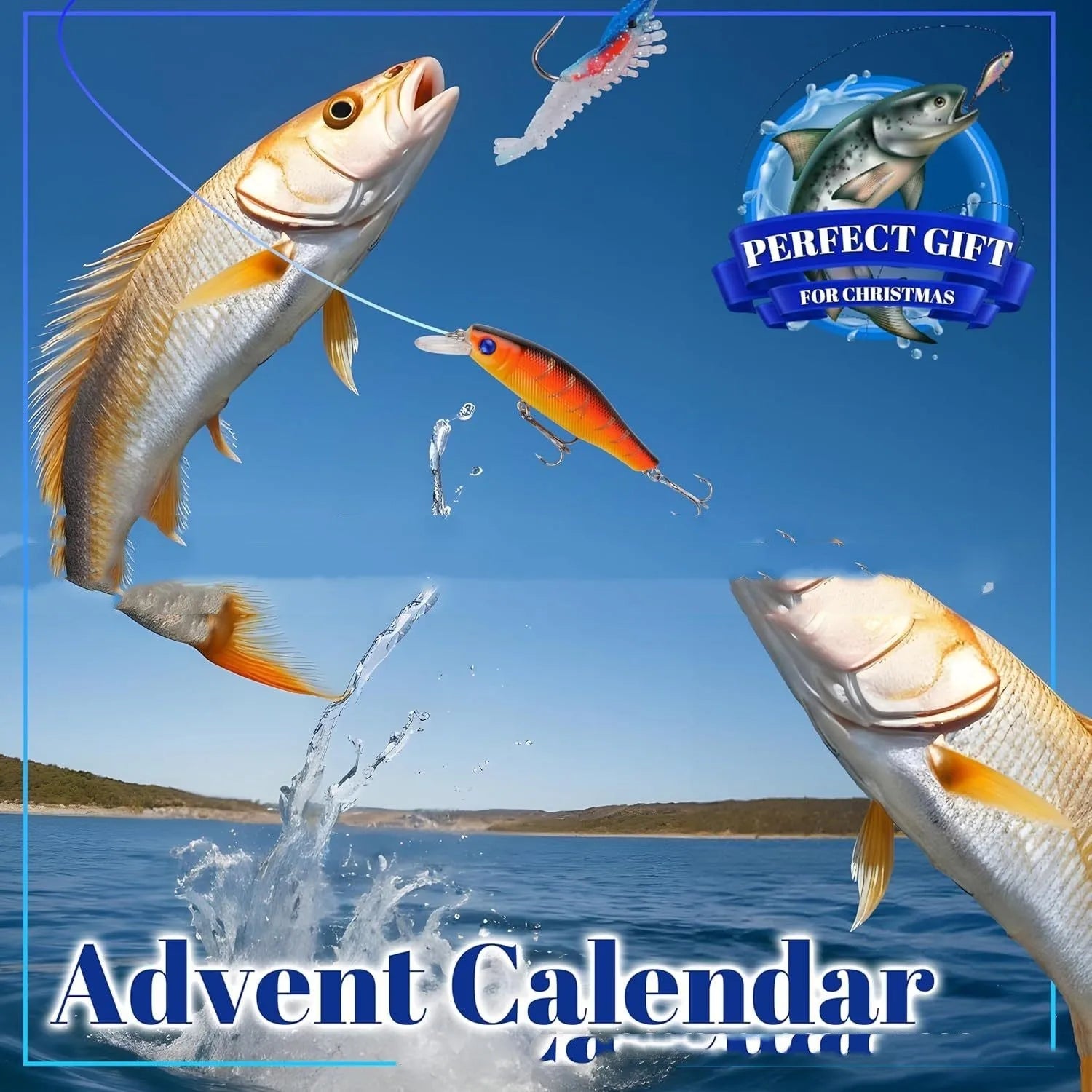 Christmas advent calendar fishing gear set, size 14x9x1.5 inches, featuring a fish set and fishing gear suit design