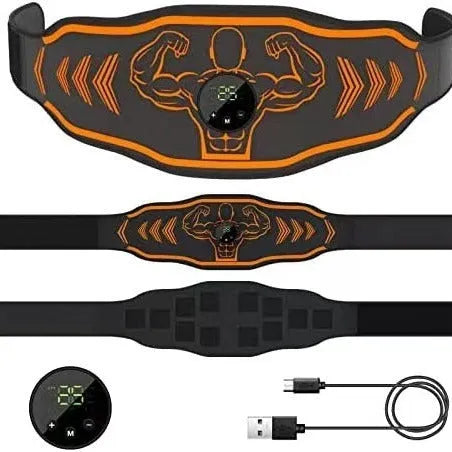 Blue and orange smart EMS massage belt with host unit, main belt, and arm stickers.