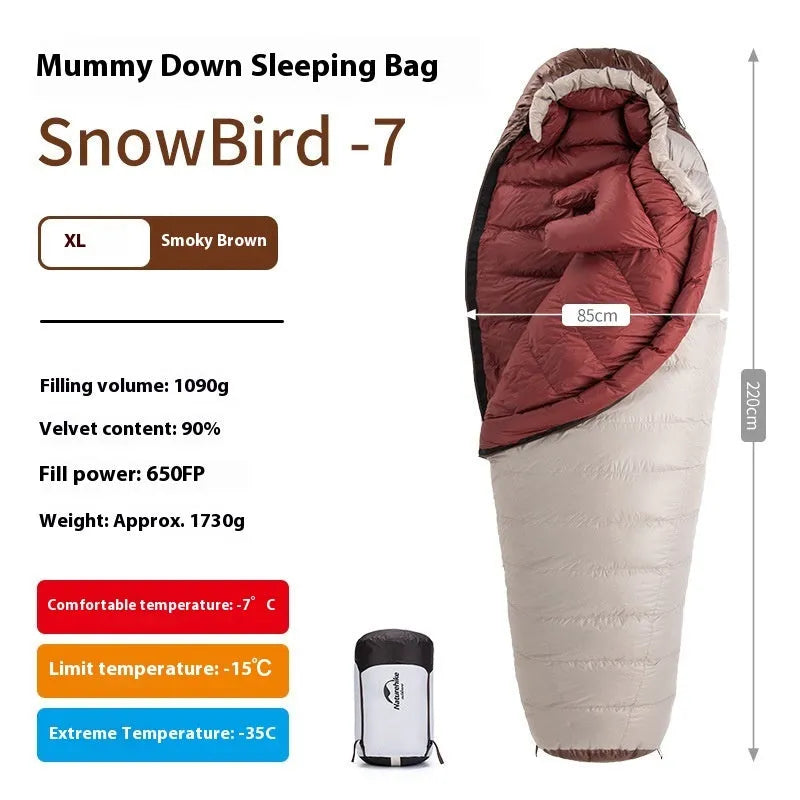 Mummy style goose down sleeping bag with storage bag in various colour options