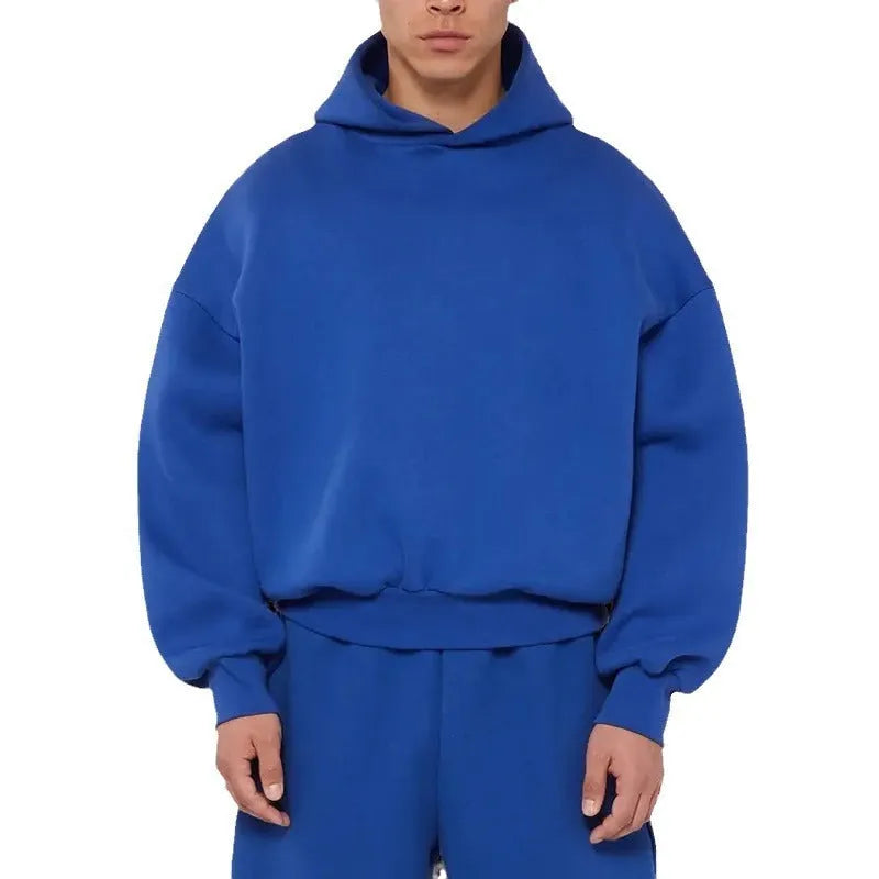 Men's solid colour fleece-lined cotton hoodie sweater with a pullover design and wool lining.