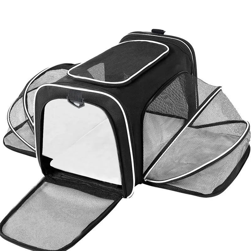 Portable cat carrier bag in 600D cation fabric, shown in large and small size options.