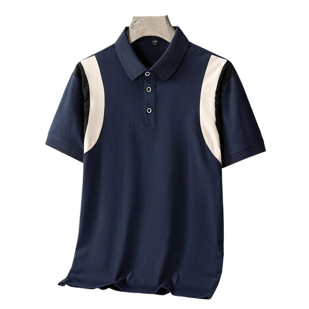 Men's striped cotton T-shirt with business lapel collar and short sleeves