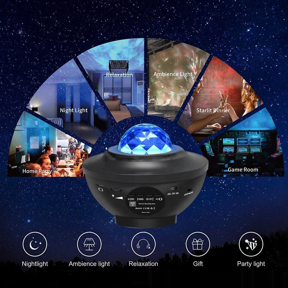 Black parallel finish star projector lamp with rotating water ripple laser effects on desktop