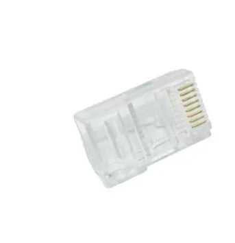 White RJ45 modular network connector with gold-plated three-fork contacts for Ethernet cable termination