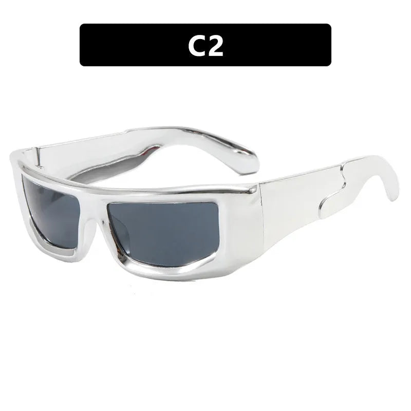 Futuristic sunshade sun glasses with AC lens and PC frame in silver frame with white mercury lenses box style