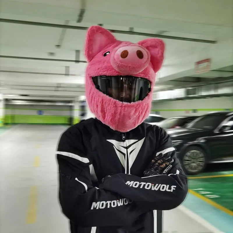 Pink pig cartoon plush helmet protective hood for motorcycle helmets made from PV velvet cloth