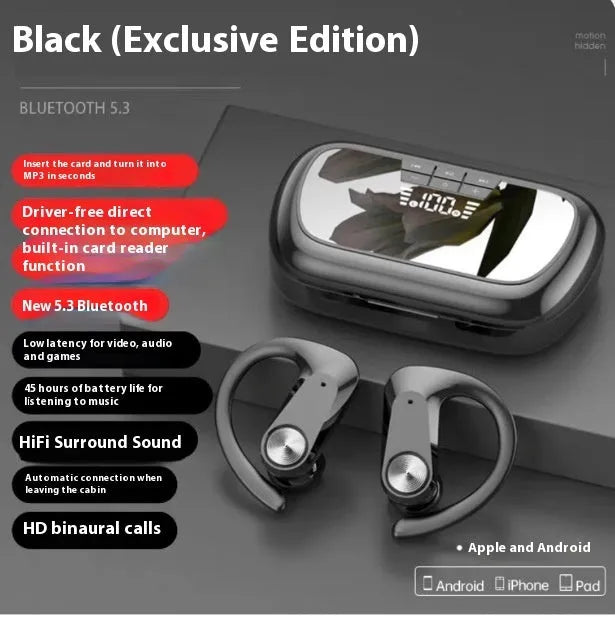 Sports running in-ear headset Q2S in black with ear hook design and digital display