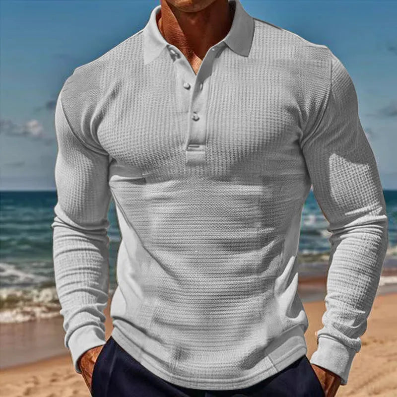 American men's waffle polo collar button long sleeve slim-fit T-shirt in solid colour white on model